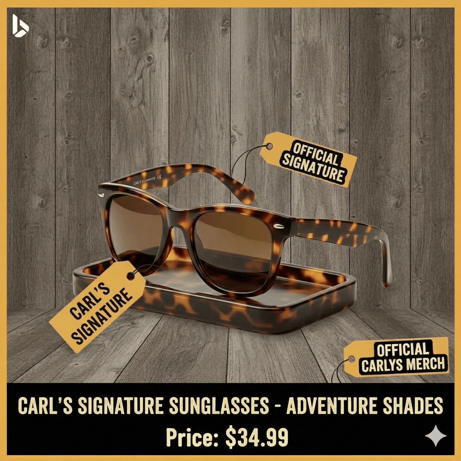 Carl's Signature tortoiseshell sunglasses on a wooden backdrop, Official Carl's Merch tags