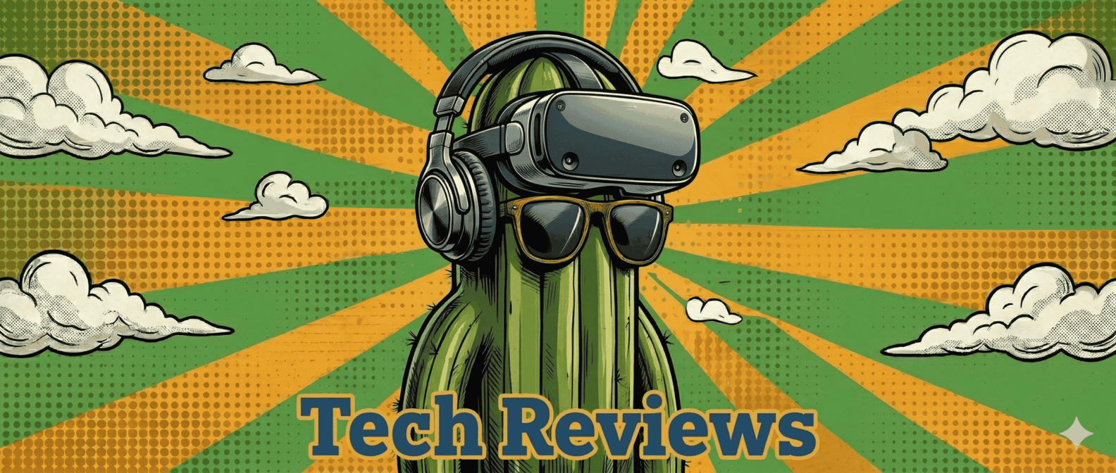 Illustrated saguaro with VR headset and headphones — Tech Reviews.